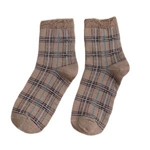 2/$15🎉 NWT Cute Trendy Fall Winter Tan Gold Beige Plaid Metallic Crew So…